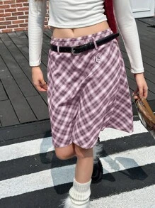 Jouncy 女士格子印花休闲百搭半身裙，夏季 - 紫色 - 查看 3