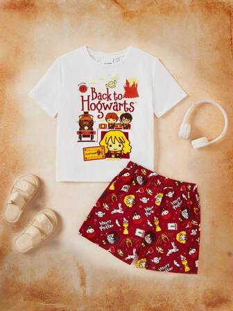 HARRY POTTER X SHEIN Tween Girl Wizardry Hogwarts Cartoon Train Printed White Casual Short Sleeve T-Shirt And Burgundy Shorts Pajama Set, Summer, Preppy Style