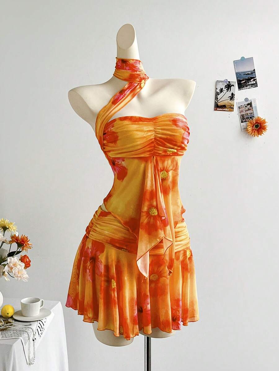 Soleia 女士夏季度假装 - 露背扎染花卉印花上衣，荷叶边下摆和腰带，搭配迷你裙，适合派对、约会、下午茶、海滩、波西米亚风度假 - 彩色 - 查看 1