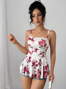 Elenzga Floral Print Ruffle Cinched Waist Camisole - Red - View 1