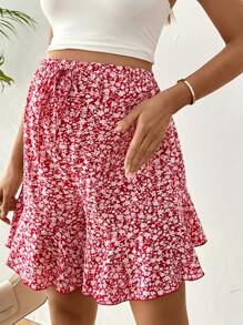 SHEIN 孕妇碎花可调节腰围宽松短裤，适合度假夏季穿着，女士半身裙，夏季女士半身裙，红色碎花半身裙，女士碎花半身裙，孕妇半身裙，花朵半身裙，度假半身裙 - 紅色 - 查看 6