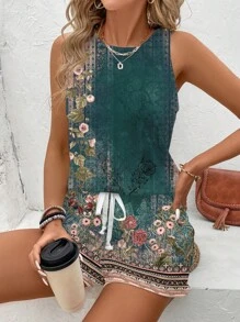 SHEIN LUNE 2 件套女士复古花卉印花无袖圆领短款上衣和短袖背心套装，适合夏季