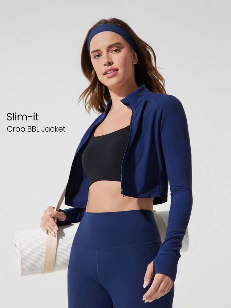 FeatherFit™ Studio Stamina Swea - Wicking Slim Fit Długi rękaw Otwory na kciuki Skrócona kurtka Active z zamkiem błyskawicznym Low Impact Yoga Pilates Studio Codzienny strój codzienny