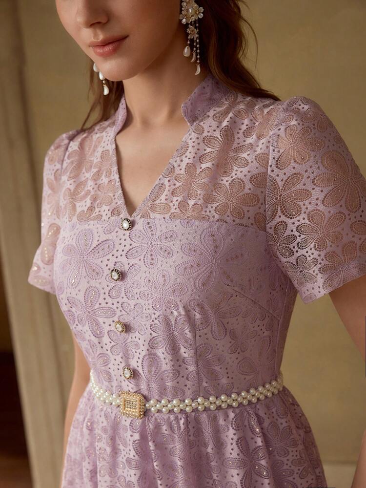 BELTED CONTRAST LACE DRESS