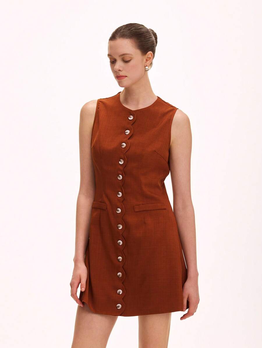SHEIN Unity Gaun Mini Wanita Elegan Romantis Tanpa Lengan Leher Bulat dengan Kancing Depan, Musim Panas - Coklat - View 1