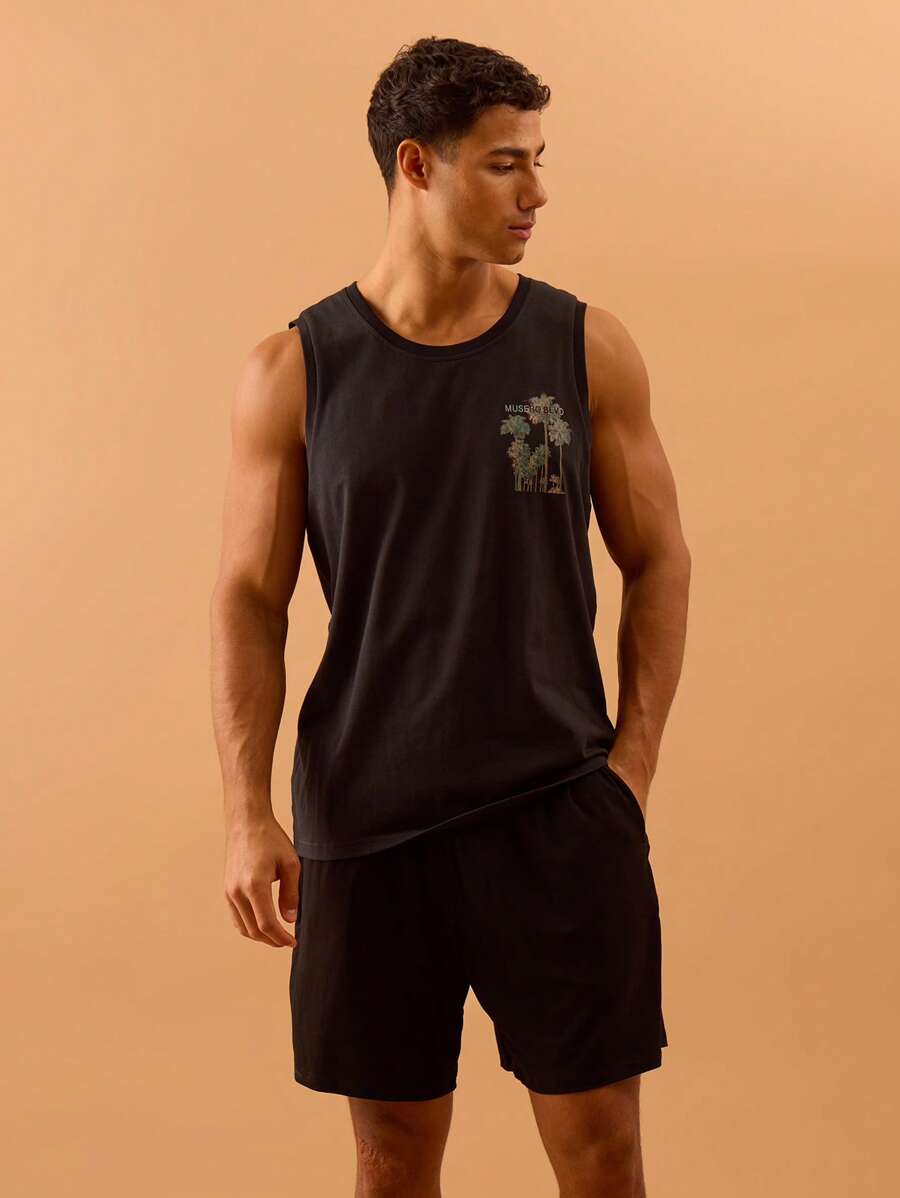 Musero Lightweight Graphic Print Slogan Tank Top Summer Spring Holiday Vacation Beach Poolside - Black - View 1