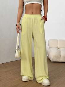 SHEIN EZwear Solid Slant Pocket Linen Wide Leg Pants,Cargo Pants - Lime Green - View 7