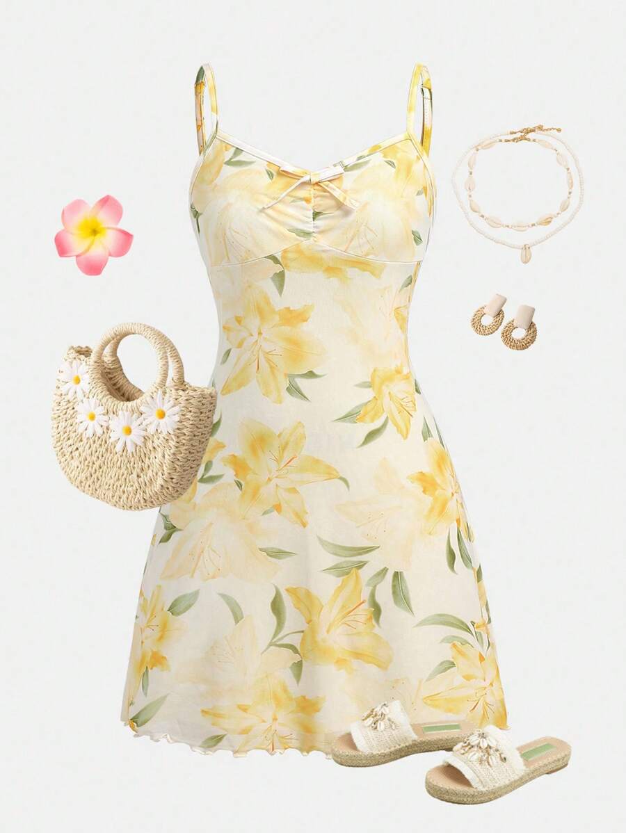 Girlism Tween Girl 黄色花卉印花度假风格优雅吊带迷你连衣裙，夏季服装 - 黃色 - 查看 1