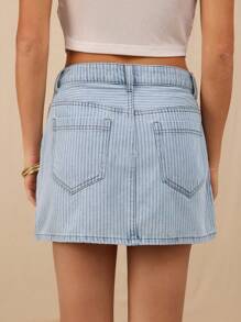 Avantive 全新夏季女式斜扣前开牛仔A字迷你裙，浅色水洗条纹 - 淺色水洗藍 - 查看 2