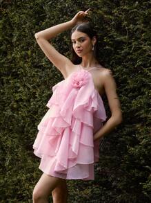 Enchnt 春夏浪漫女士淡粉色 3D 花朵装饰荷叶边下摆露背无袖可爱迷你连衣裙，甜美优雅，适合度假、约会、节日、派对、毕业典礼和婚礼宾客，舞会礼服，女士夏季连衣裙，女士太阳裙，夏季服装 - 粉色 - 查看 5