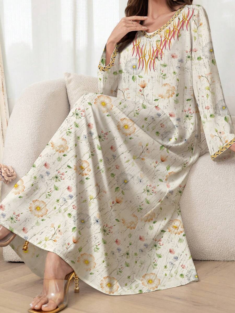 Al Najma 女士浪漫花卉印花保守优雅魅力时尚阿拉伯风格连衣裙，春夏季，端庄 - 彩色 - 查看 1