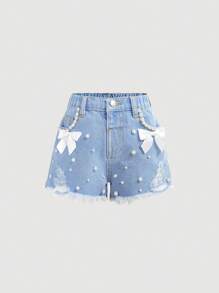 SHEIN Young Girl White Pearl Decor Ribbon Bowknot Blue Ripped Denim Shorts - Light Wash - View 5