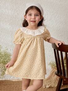 Blossori Vestito per neonata con colletto a balza e maniche a sbuffo, con fantasia floreale ditsy di colore albicocca, da vacanza rustica