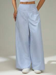 SHEIN PETITE Quần dài ống rộng cạp cao sọc xanh trắng thanh lịch đơn giản đi làm văn phòng hàng ngày nghỉ dưỡng cho nữ - Màu xanh lam - Xem 3