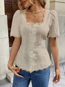 Pariaura Áo cánh cotton chắp vá ren Pháp thanh lịch cho nữ tay ngắn - Màu be - Xem 4