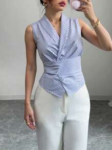 新款条纹优雅修身时尚女士无袖衬衫 - 藍色 - 查看 1