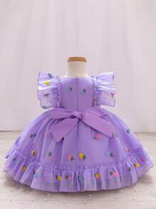 SHEIN Glamorique Kids 四季幼儿女童刺绣装饰公主裙，盖袖修身腰部派对连衣裙 - 紫色 - 查看 2