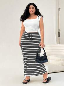 Solflare Plus Size Women Striped Print Drawstring Pocket Casual Skirt