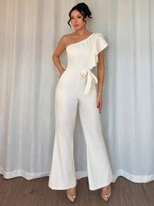 Elenzga 女士优雅通勤日常休闲连体裤，不对称领口荷叶边领口，蝴蝶结领带，喇叭腿，适合夏季工作、休闲和派对场合 - 杏色 - 查看 4