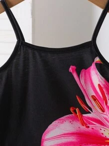 2pcs/Set Young Girls Floral Print Camisole Top And Elastic Waist Fitted Skirt, Casual Outfit Suitable For Daily, Beach, Vacation, Summer Summer Holiday - Black - View 6