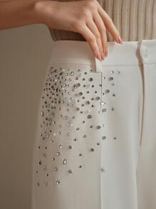 Anewsta Elegant Retro Crystal Decor Women's Wide Leg Suit Pants - Apricot - View 1