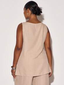 MUSERA Plus Size Slash Neck Linen Look Sleeveless Longline Top Casual, Spring, Cute, Cool Girl, Casual, Summer