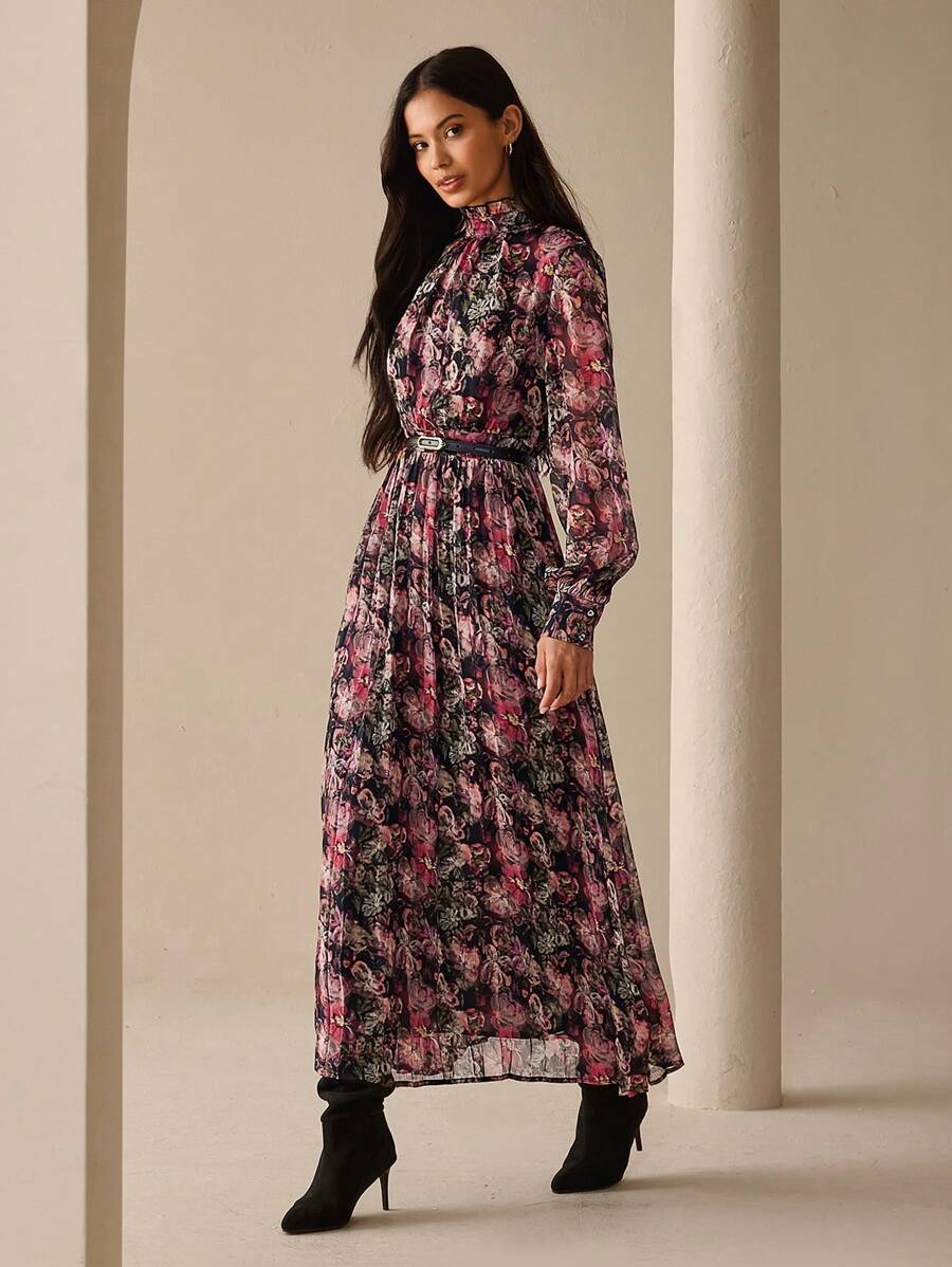 Lilora 女式花卉印花褶边连衣裙，女式长裙，花卉连衣裙，女式长袖连衣裙，时尚外出，都市风格，优雅通勤，适合夏季、春季女士的日常聚会外出 - 彩色 - 查看 1