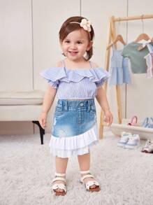 Toddler Girls' Plain Simple Daily Denim & Mesh Contrast A-Line Skirt - Light Wash - View 3