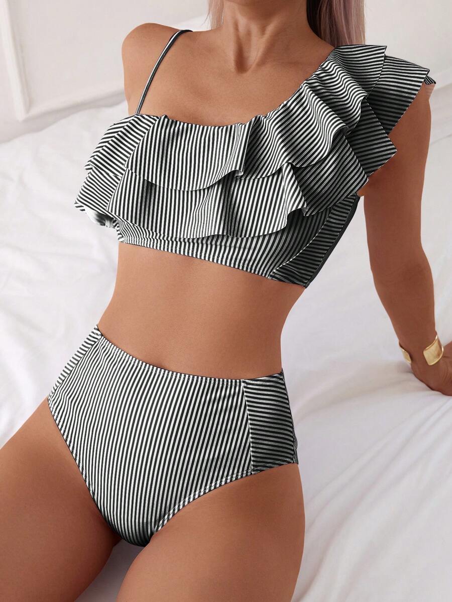 SHEIN Swim Women Random Striped Splice Ruffle Shoulder Strap Top And High Waist Swim Bottoms Spaghetti Strap Bikini Set For Summer Beach Vacation - Black and White - View 1