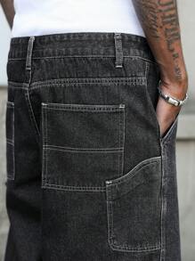 PAVTROS 男士口袋纯色宽松牛仔休闲短裤，夏季 - 深灰色 - 查看 8