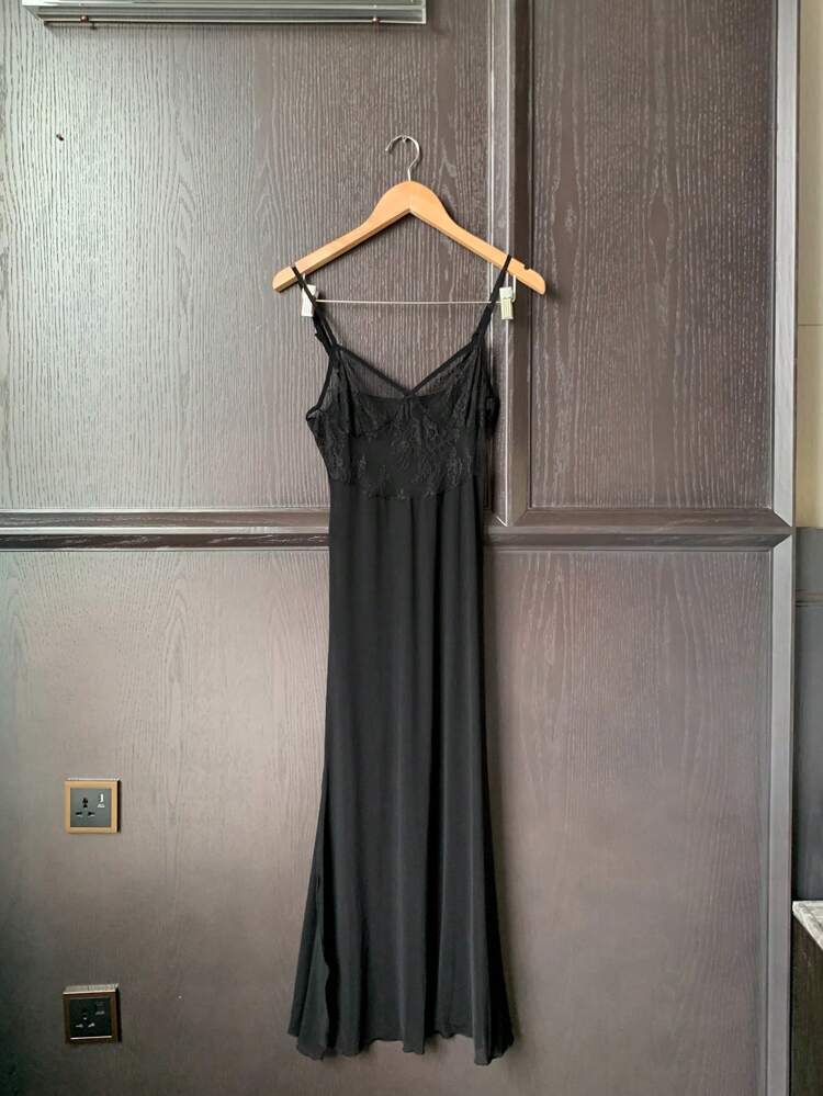 Women Sheer Lace Trim Chemise Nightgown With G-String Lingerie Set, Sexy