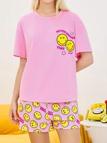 SmileyWorld® | SHEIN 2件套女士笑脸图案短袖上衣和短裤睡衣套装