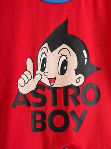 Astro Boy X SHEIN 男童两件套卡通图案红蓝休闲百搭短袖T恤和宽松短裤套装