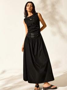 Easelle 女式休闲简约复古船领无袖长裙，黑色，适合春夏季 - 黑色 - 查看 1