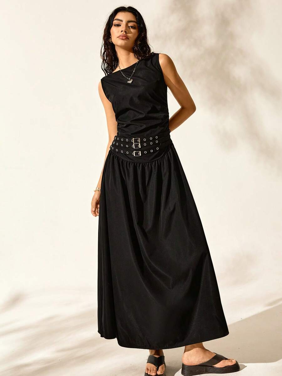 Easelle 女式休闲简约复古船领无袖长裙，黑色，适合春夏季 - 黑色 - 查看 1