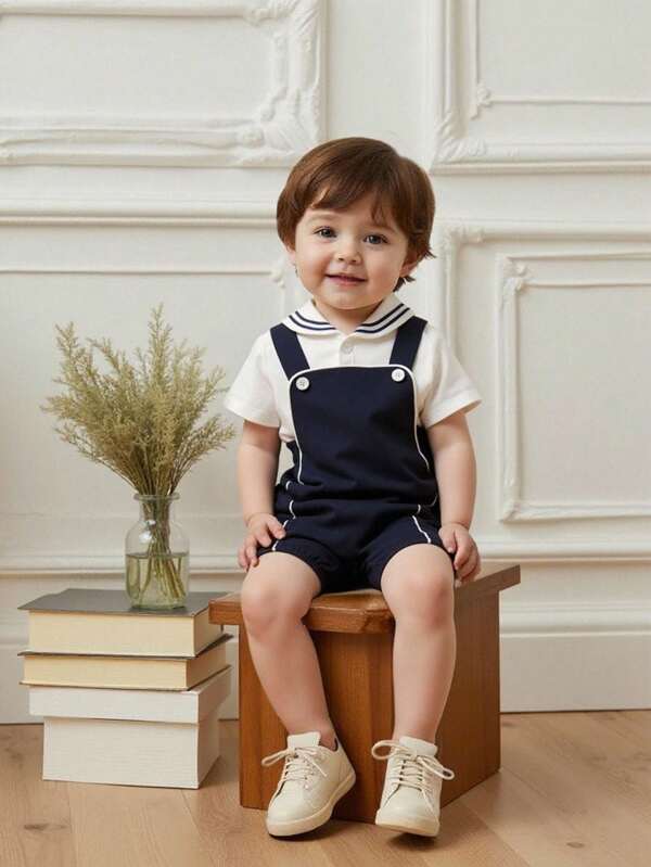 Souflis Souflis 2pcs/Set Baby Boy Sailor Collar Short Sleeve Shirt & Navy Blue Suspender Shorts, Navy Style Gentleman Outfit, Appropriate For Birthday Party, Evening Party, Performance, Wedding, Baby Shower, 1st Birthday, Spring/Summer,Kids Summer Clothes, Toddler Summer Boy Clothes, Baby Boy Outfits, Infant Outfits(3month-3yrs)