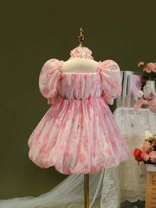 Girls' Elegant Rose Printed Organza Princess Dress With Puff Sleeve, Ruffle Hem And Waist Decoration, Cute Sweet Bubble Dress Suitable For Holidays, Parties, Birthdays, Summer - Pink - View 4