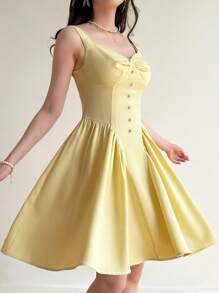 Modelyn Váy dài đến giữa bắp chân có viền ô thanh lịch và lãng mạn dành cho nữ - Màu vàng - Xem 7