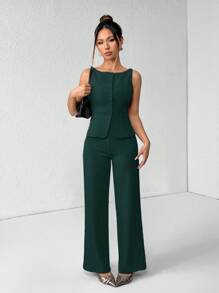 SHEIN PETITE Women's Solid Color Round Neck Single-Breasted Vest And Pants Elegant Commuter Suit, Summer Fall Women Clothes Women Set Office Wear Business Casual Women Two Pieces Outfits Fall Women Office Wear Women Set Women Blazers Set Office Outfits For Women Business Women Attire Professional Women Clothes