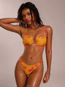 SHEIN Forever 21 Bộ đồ bơi bikini Bandeau mùa hè mới cho nữ đi biển - Màu vàng - Xem 3