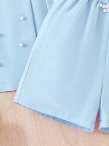SHEIN 3pcs/Set Young Girl Girls Pink Blazer, Pearl Embellished Knit Camisole And Shorts, Casual Elegant Summer Vacation Set