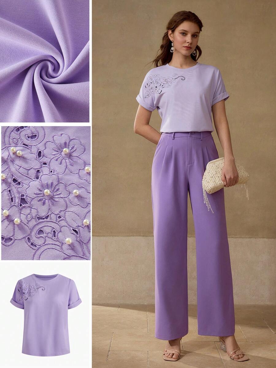 MOTF PREMIUM FAUX PEARL DETAIL EMBROIDERY T-SHIRT - Mauve Purple - View 1