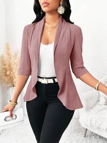 SHEIN Lady 四季蓝色镂空纹理开衫女士外套秋冬女士办公室服装