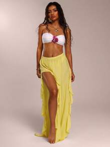 SHEIN Forever 21 Vacation Beach Yellow Textured Sheer Ruffled Skirt Bottom Swimsuit - Yellow - View 4