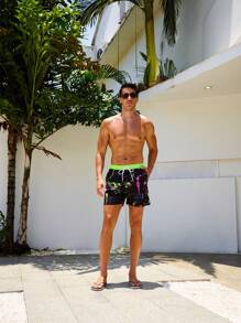 Manfinity KASUA Quần short đi biển cạp rút có túi in họa tiết toàn thân cho nam, thích hợp cho mùa hè, phong cách Hawaii - màu đen - Xem 7