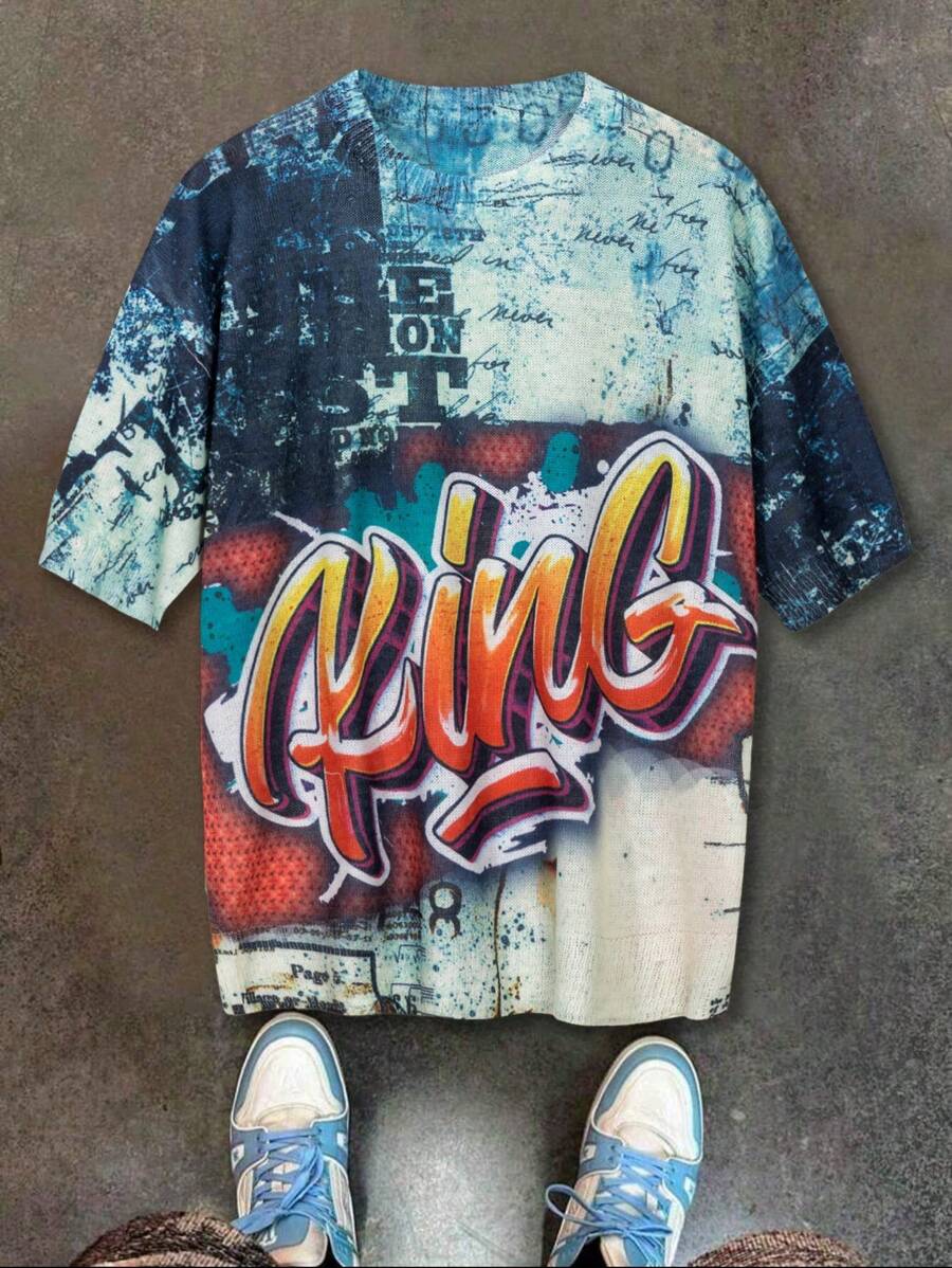 Manfinity Roghcode Men's Letter Print Crew Neck Loose Knit Short Sleeve Top - Multicolor - View 1