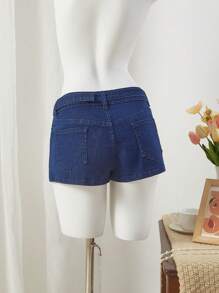 Comfortcana Casual Washed Denim Shorts With Rhinestone Decor Belt For Summer - Dark Wash - View 2