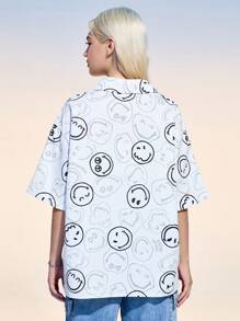 SmileyWorld® | SHEIN Women's Summer Y2K Cute Street White Smiling Face Pattern Front Button Short Sleeve Shirt, Summer