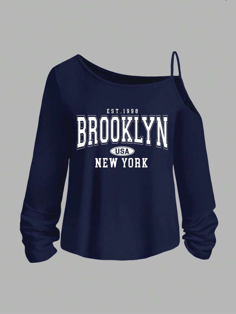 SHEIN Essnce Brooklyn English Graphic Casual Spaghetti Strap Long Sleeve T-Shirt For Women