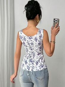 Rafferiza Fabric Print Stand Collar Foldable Tie Sleeveless Women Shirt - Purple - View 2